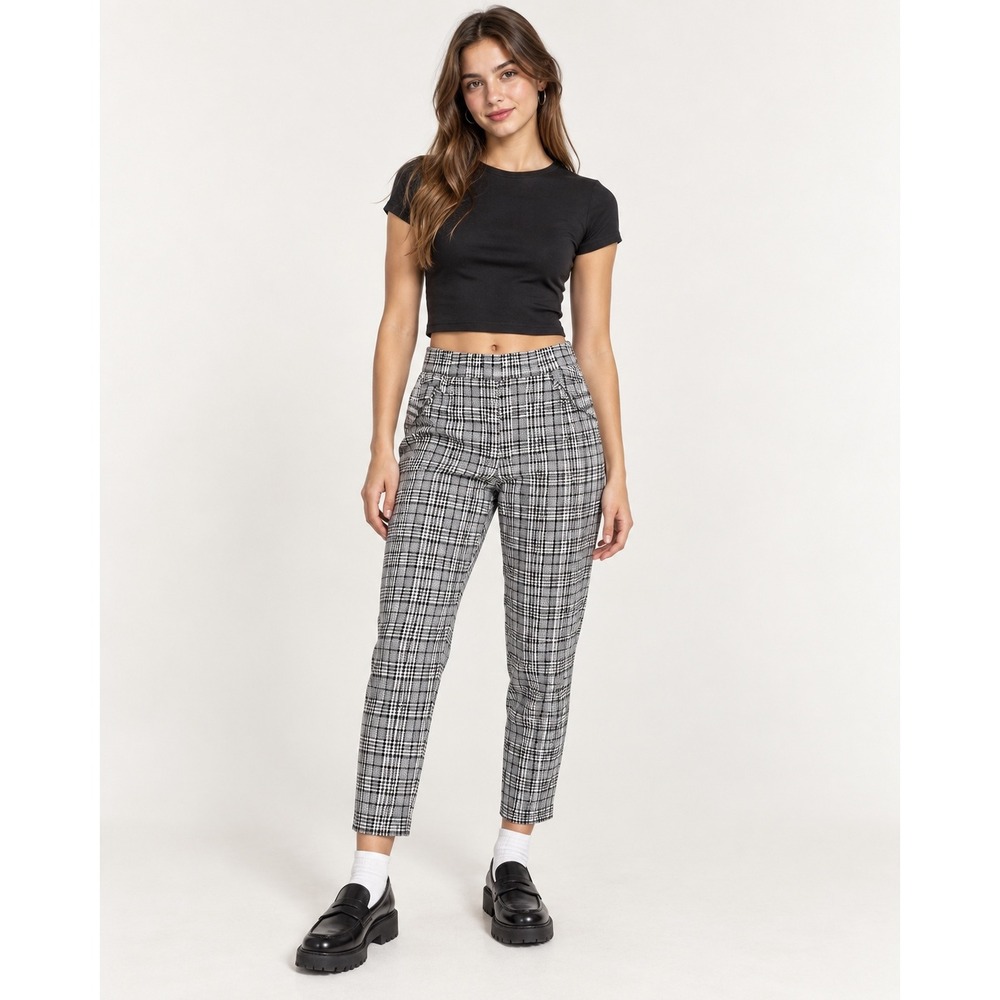 Maze Collection Womens Plaid Pants PM Black White Tapered Punk Goth Academia